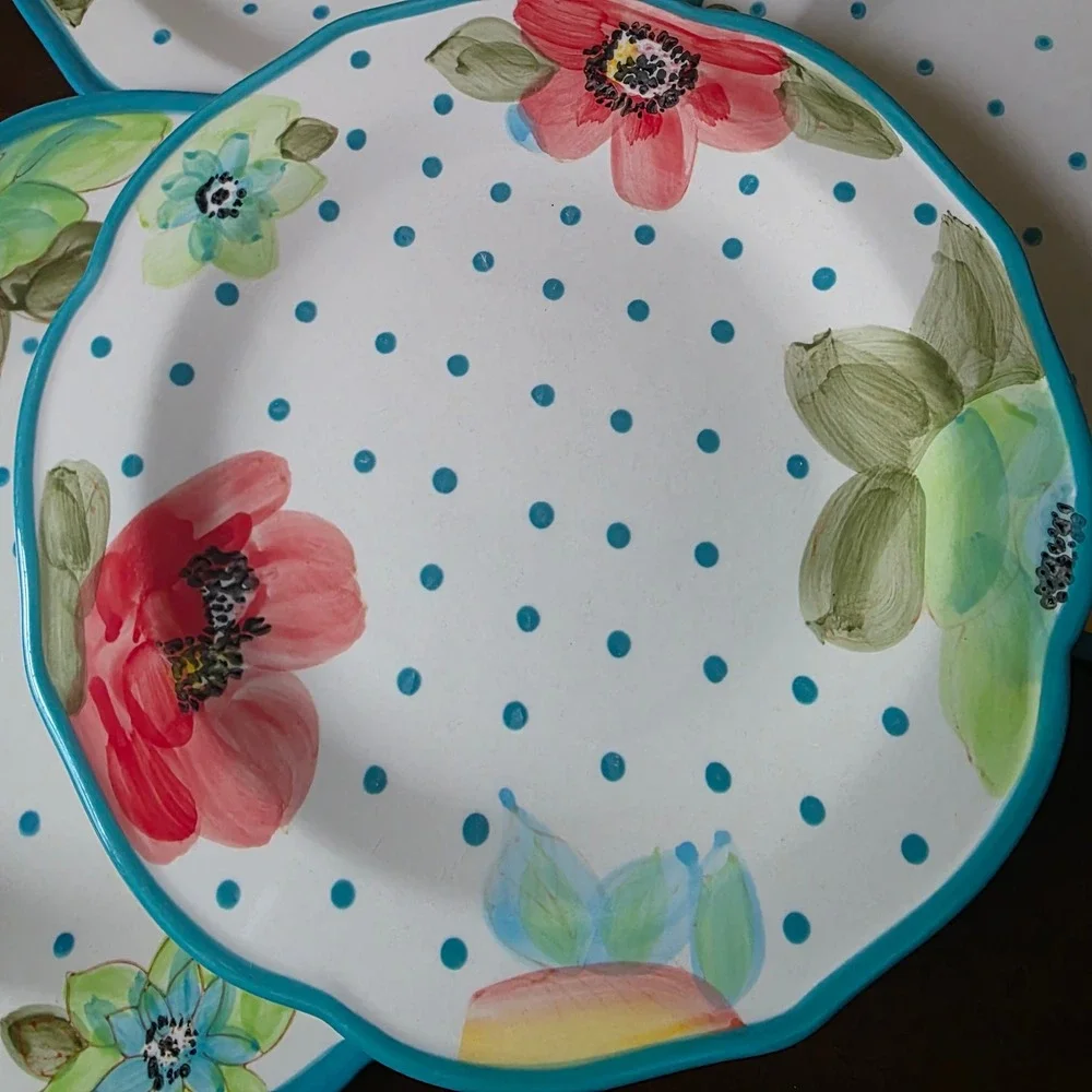 The Pioneer Woman Vintage Bloom Polka Dots Dinner‎ Plates Set 4 Scalloped 10.5in